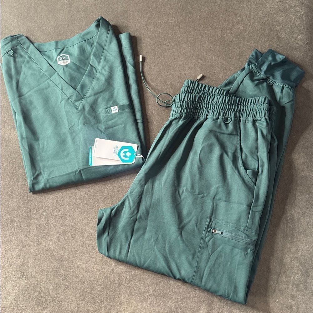 Women’s Uniforms World Green Scrubs Set Drawstring Waist Easy Care Size 2XL NEW